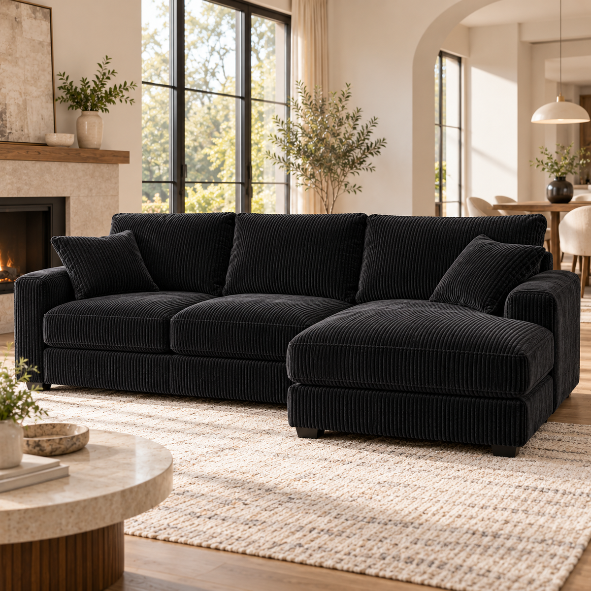 Black corduroy modular L-shaped cloud sectional with right-facing chaise in a sunlit living room