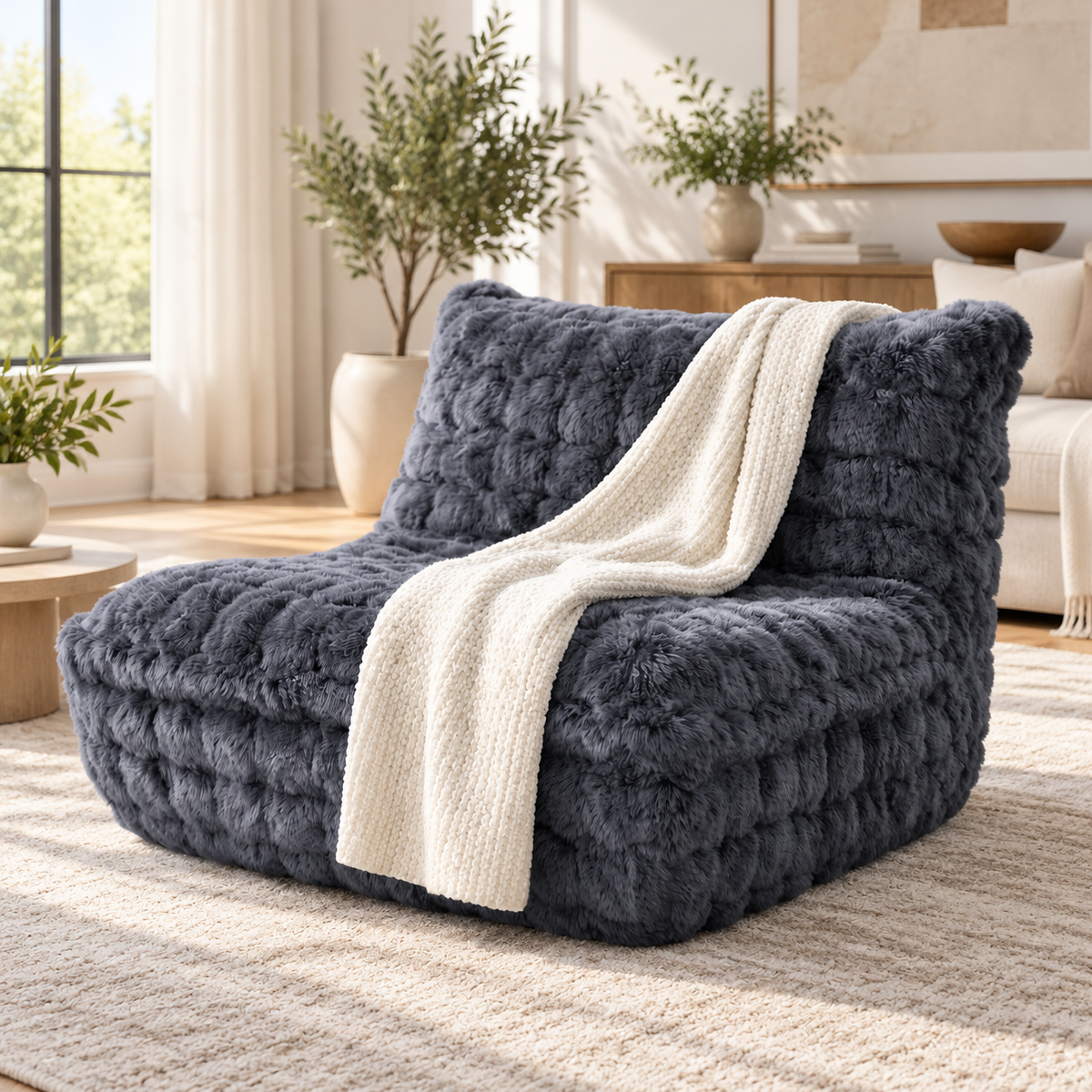 Dark grey quilted faux fur bean bag chair with a cream throw in a sunlit living room