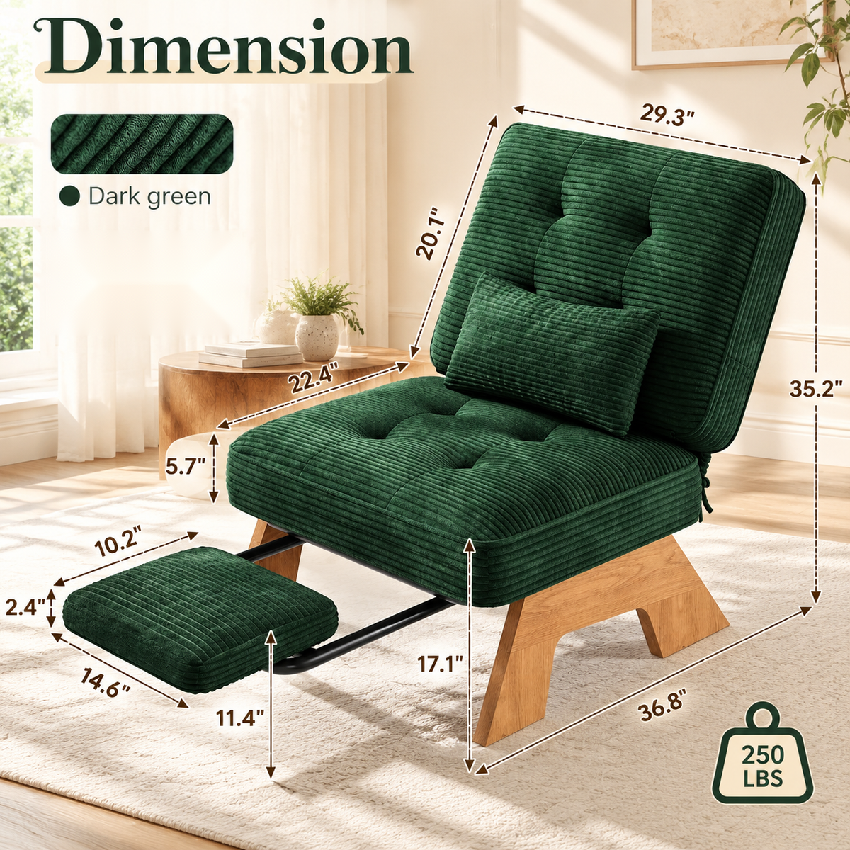Corduroy lounge chair dimensions: 29.3 in W x 36.8 in D x 35.2 in H, seat height 17.1 in, 250 lb capacity