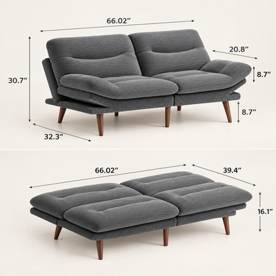 Futon dimensions: 66.02 in W x 32.3 in D x 30.7 in H, 20.8 in arms, 8.7 in legs; bed 66.02 x 39.4 in, 16.1 in high