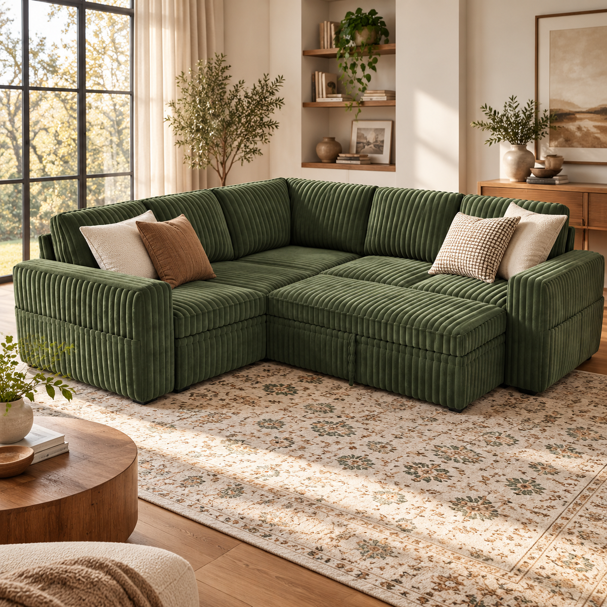 Green corduroy L-shaped sectional in a living room with throw pillows