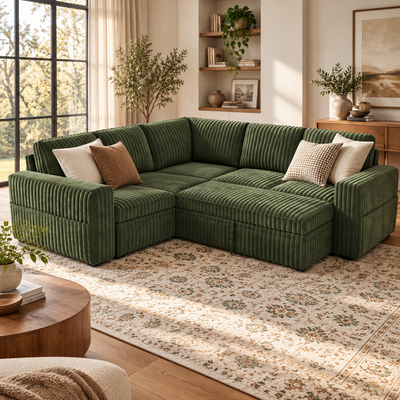 Green corduroy L-shaped sectional in a living room with throw pillows