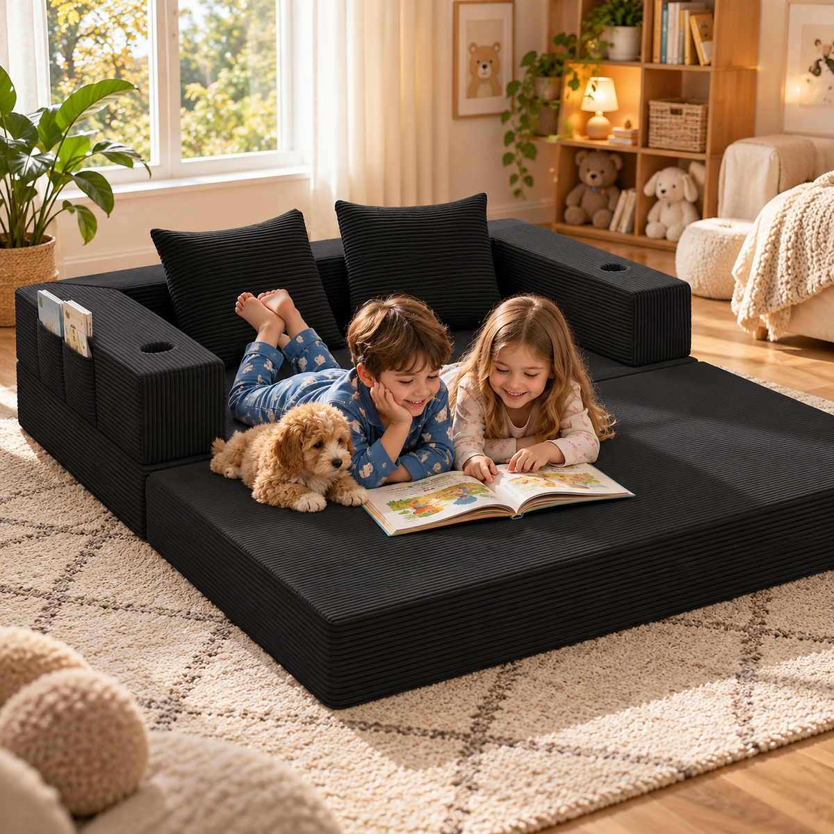 Two kids and a puppy reading on the unfolded black corduroy floor futon