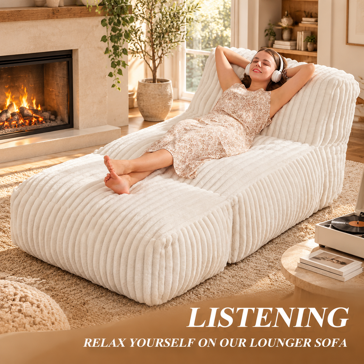 Woman with headphones relaxing on white ribbed bean bag lounger by a fireplace