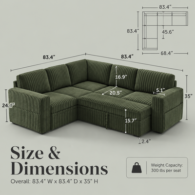 Sectional dimensions: 83.4 in W x 83.4 in D x 35 in H, 20.5 in seat depth, 15.7 in pull-out height, 300 lb per seat