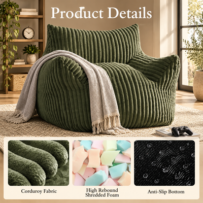 Green corduroy bean bag chair details: corduroy fabric, high-rebound shredded foam, anti-slip bottom