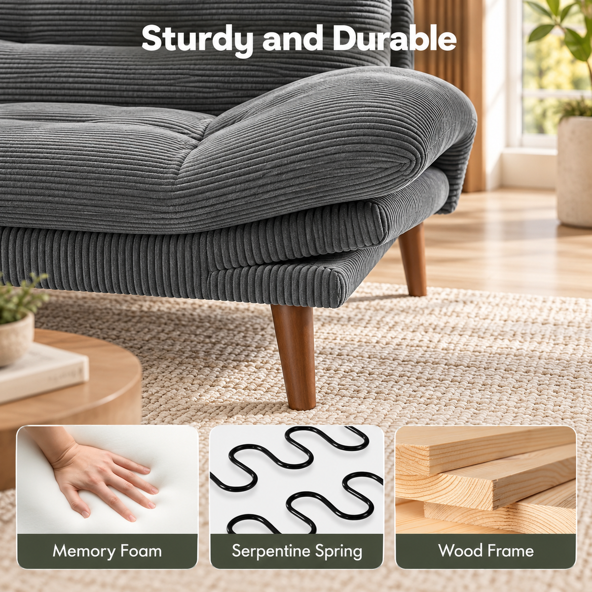 Close-up of gray corduroy futon with memory foam, serpentine springs and wood frame