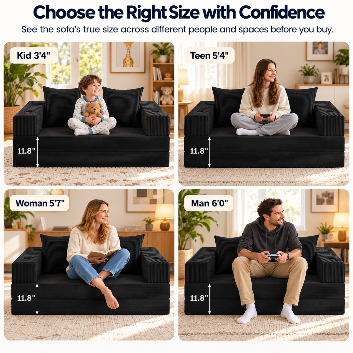 Size guide showing kid, teen, woman and man seated on the 11.8 in high floor sofa