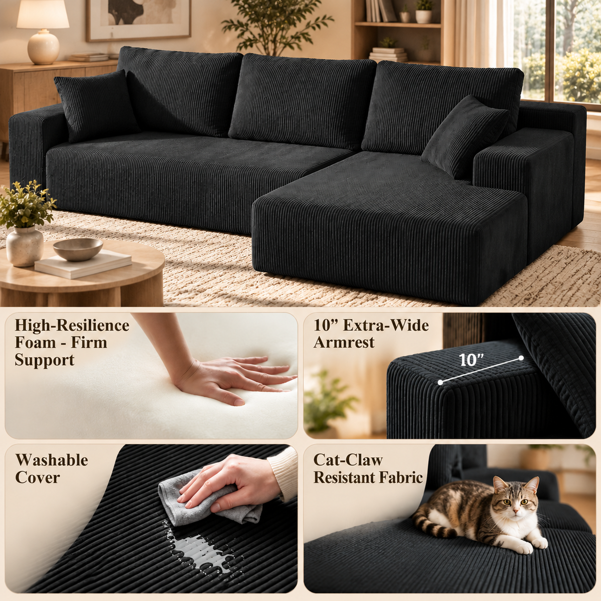 Sectional features: high-resilience foam, 10 in extra-wide armrest, washable cover, cat-claw resistant fabric