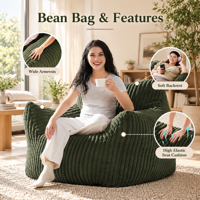 Woman with coffee in green bean bag chair showing wide armrests, soft backrest and elastic seat cushion