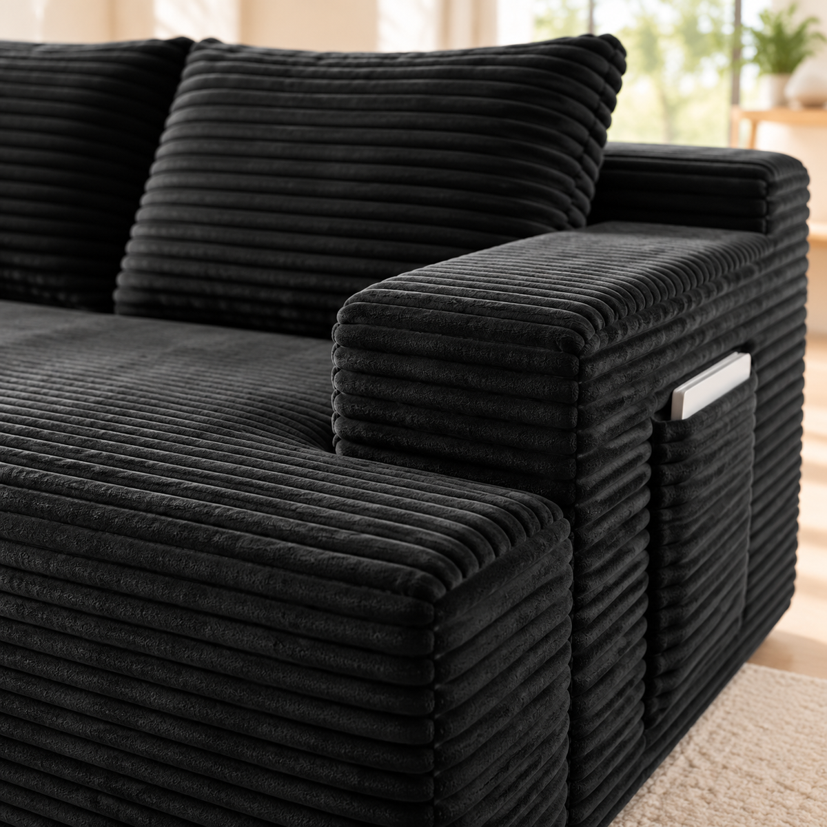 Close-up of black wide-wale corduroy armrest with side storage pocket