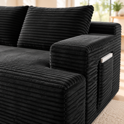 Close-up of black wide-wale corduroy armrest with side storage pocket