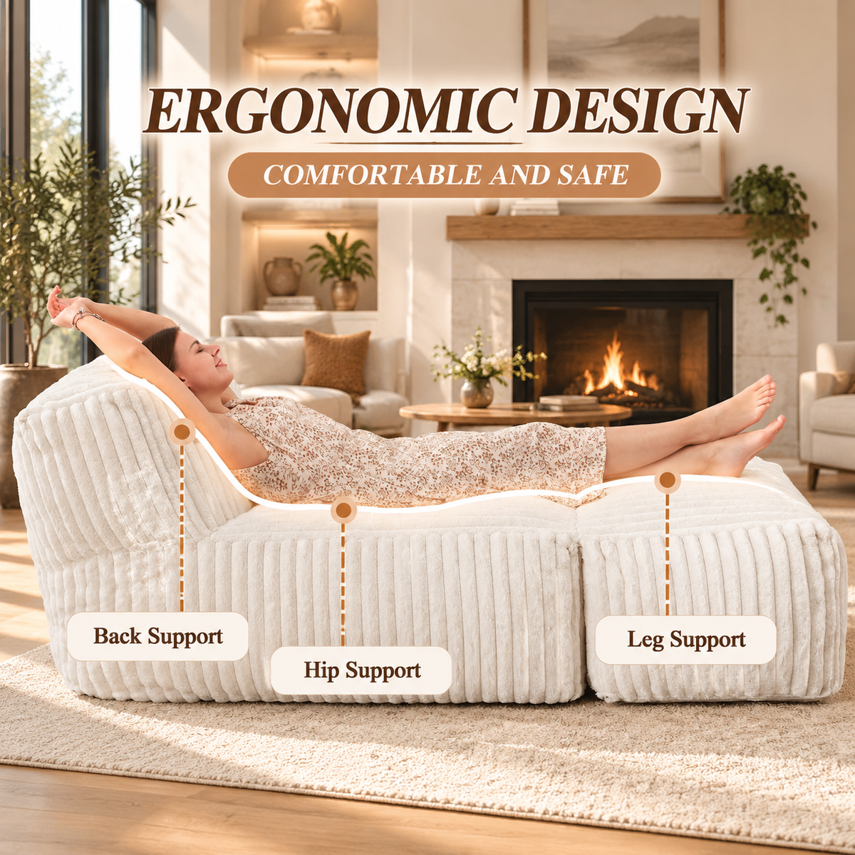 Ergonomic bean bag lounger contour with back, hip and leg support