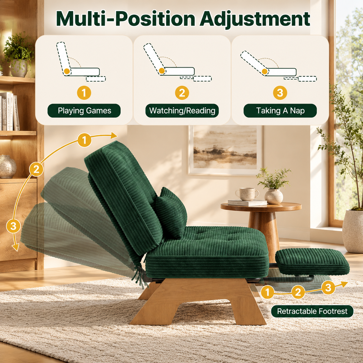 Three-position adjustable backrest for gaming, reading and napping, with retractable footrest