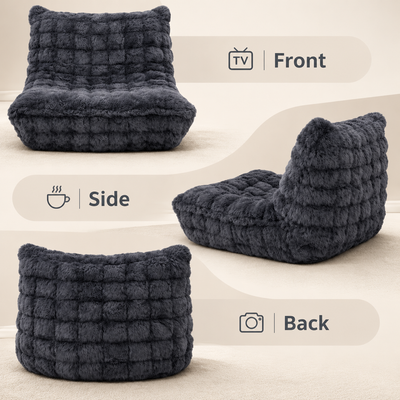 Front, side and back views of the dark grey faux fur bean bag chair