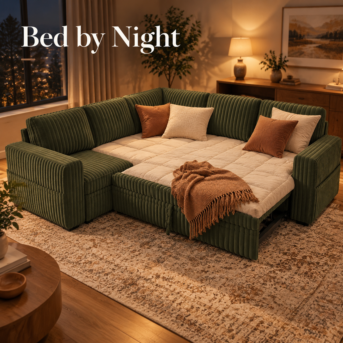Sectional opened into a bed at night with pillows and throw