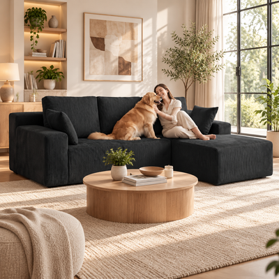 Woman and golden retriever relaxing on the black corduroy L-shaped sectional