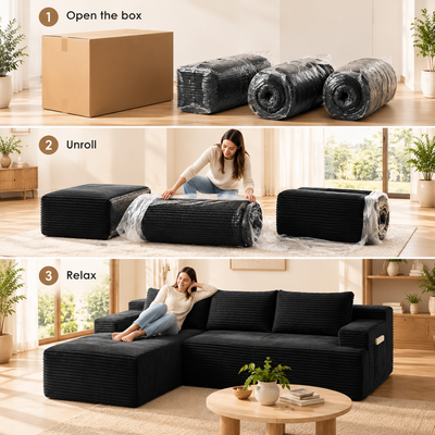 Setup in 3 steps: open the box, unroll the compressed modules and relax