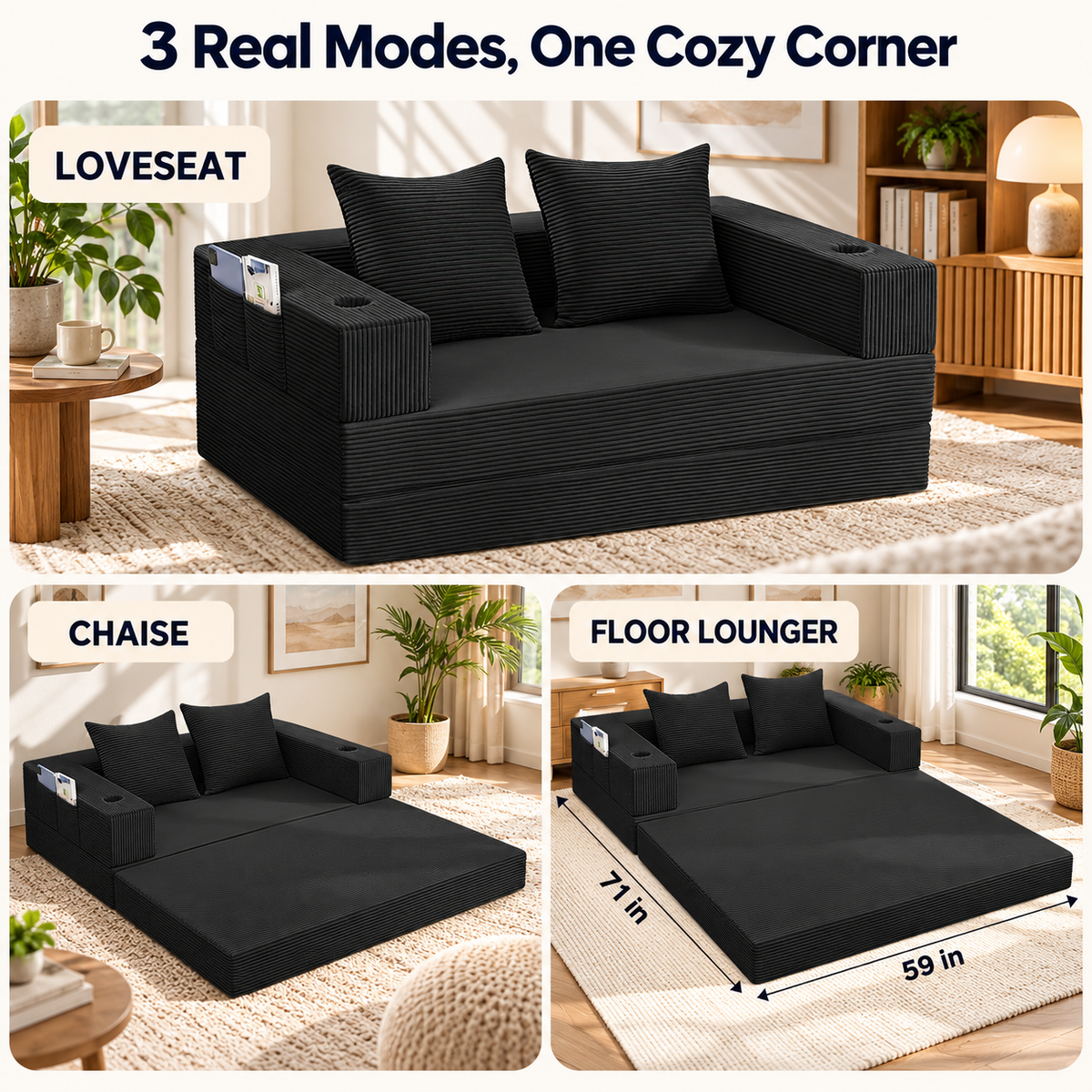 Three modes of the floor futon: sofa, chaise and 59 x 71 in floor lounger