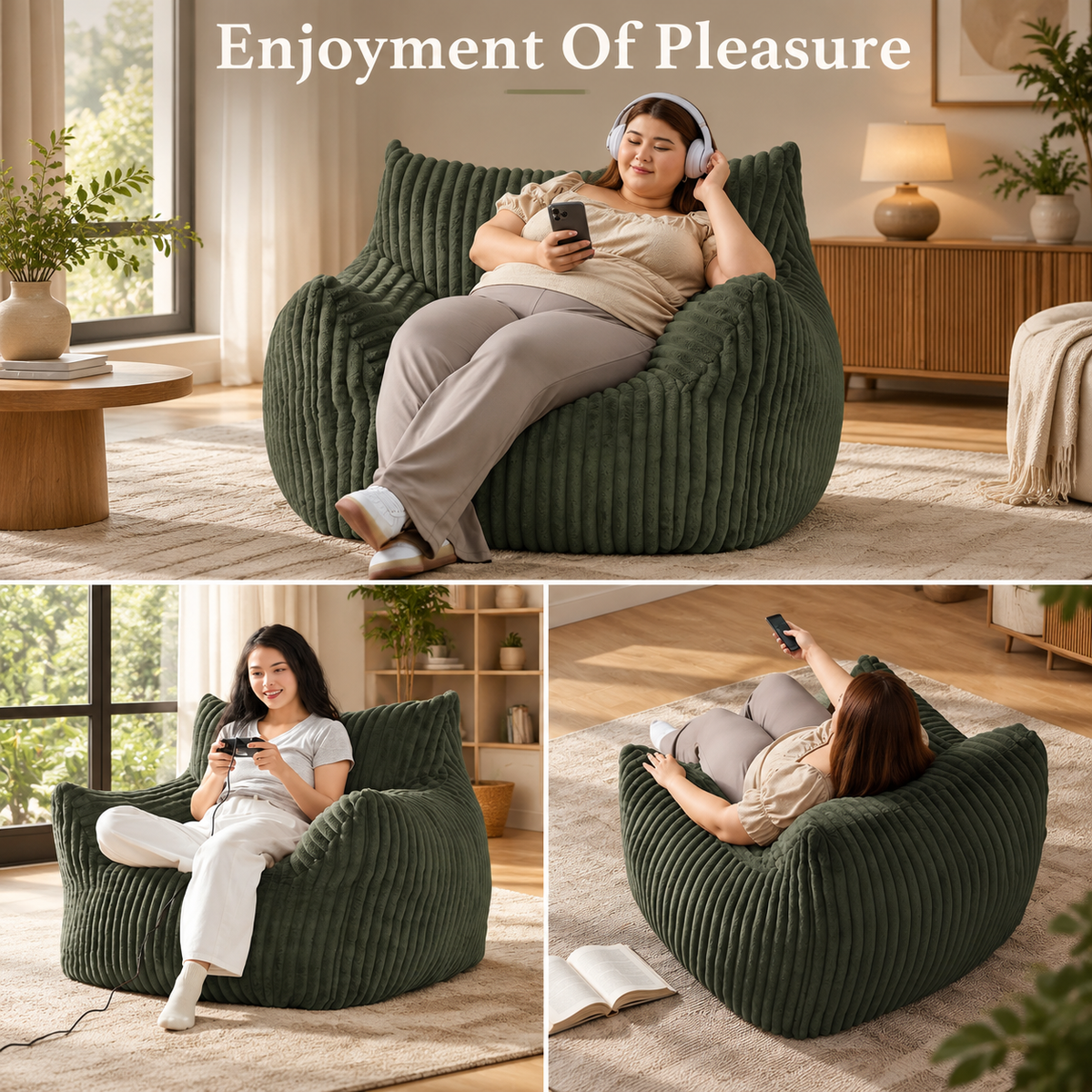 People relaxing, gaming and lounging in the green corduroy bean bag chair