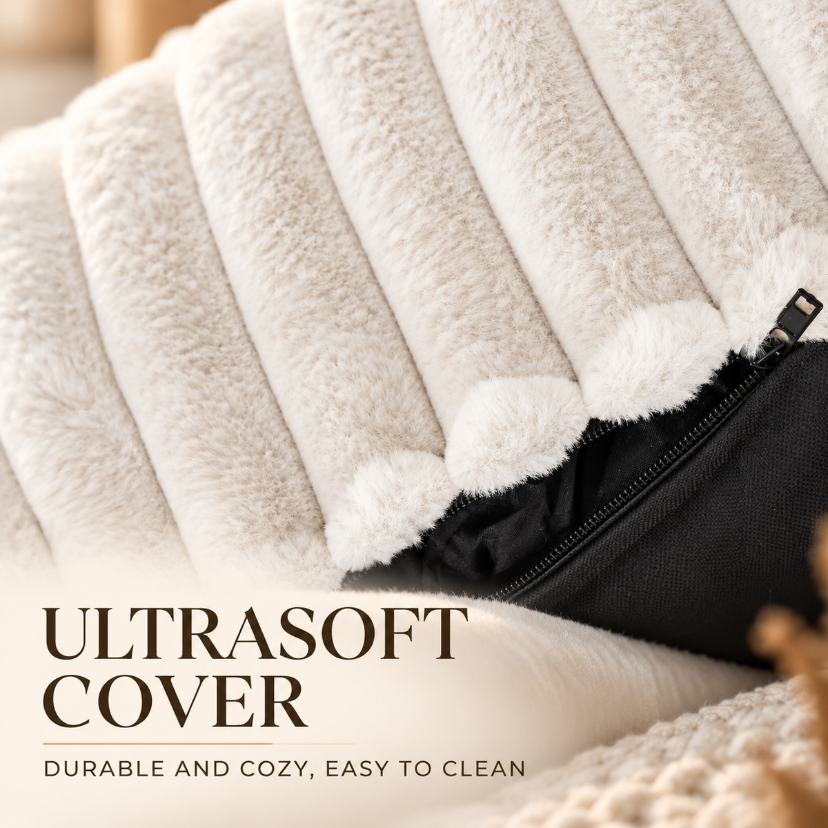 Close-up of ultrasoft ribbed plush cover with zipper for removal