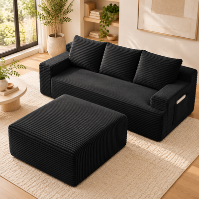 Black corduroy sofa with the chaise used as a separate ottoman