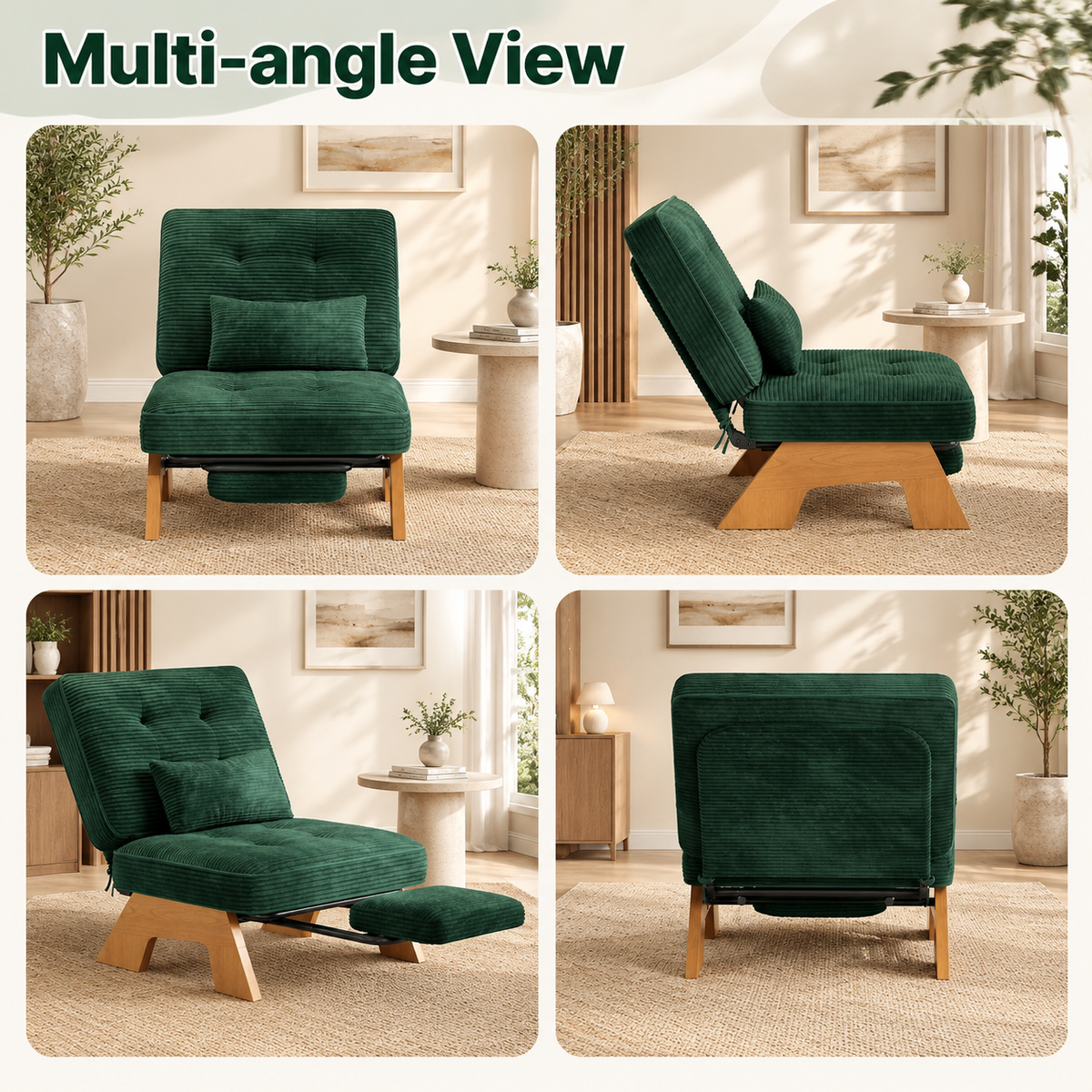 Corduroy lounge chair front, side, angled and back views