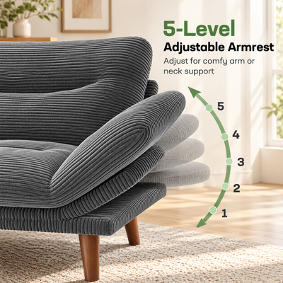 5-level adjustable armrest on the gray corduroy futon