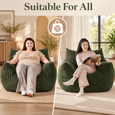 Green bean bag chair rated for up to 400 lb, suitable for all body types