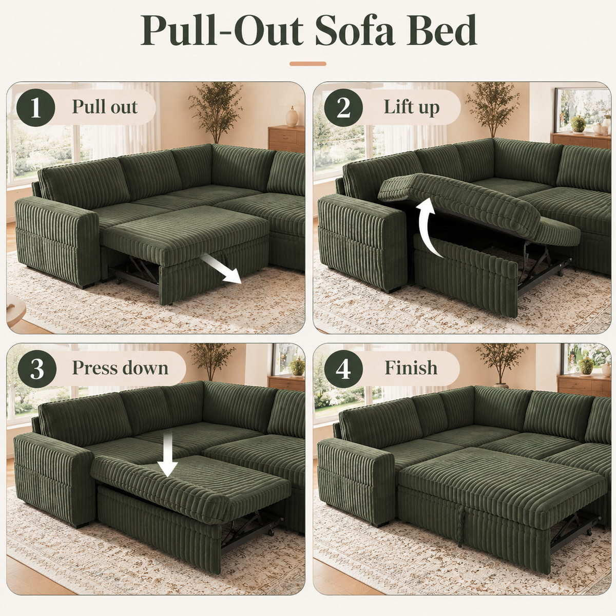 Pull-out sofa bed in 4 steps: pull out, lift up, press down, finish