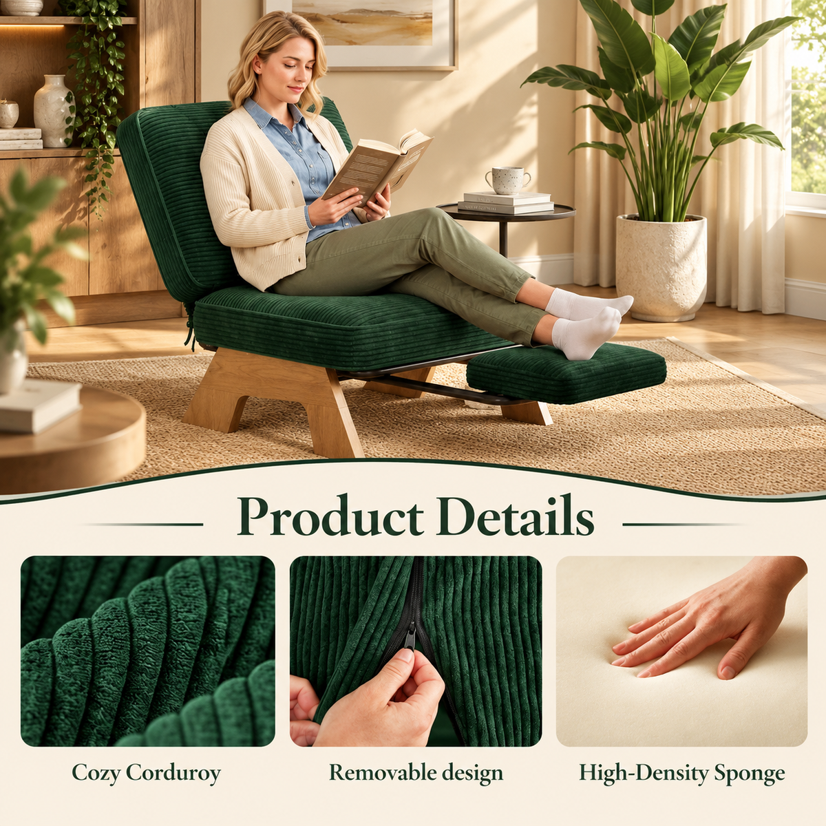 Woman reading in corduroy lounge chair with footrest; corduroy texture, zip-off cover and foam details