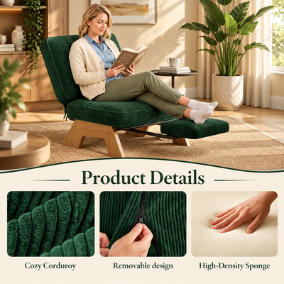 Woman reading in corduroy lounge chair with footrest; corduroy texture, zip-off cover and foam details