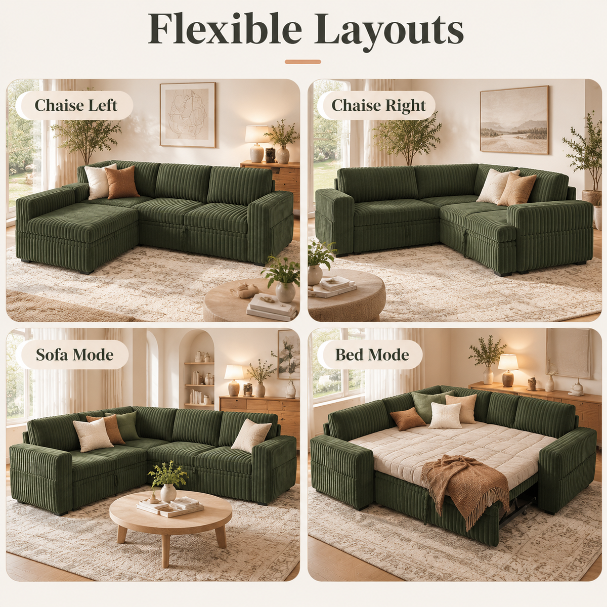 Flexible layouts: chaise left, chaise right, sofa mode and bed mode
