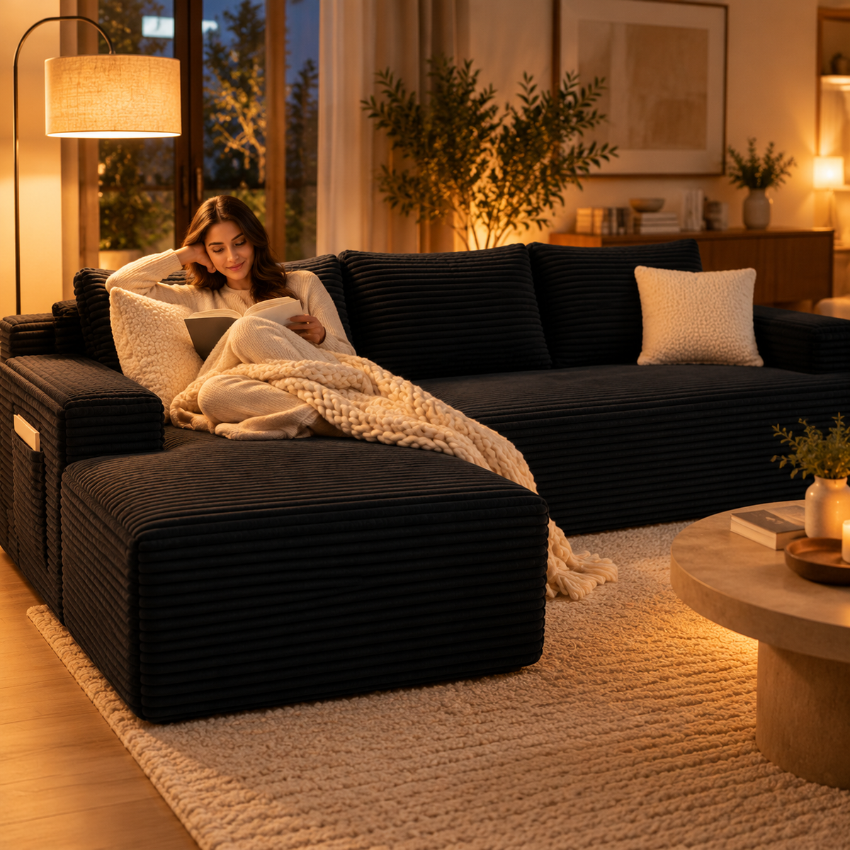 Woman reading under a throw on the black corduroy cloud sectional at night
