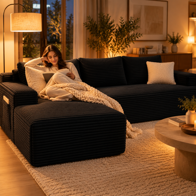Woman reading under a throw on the black corduroy cloud sectional at night
