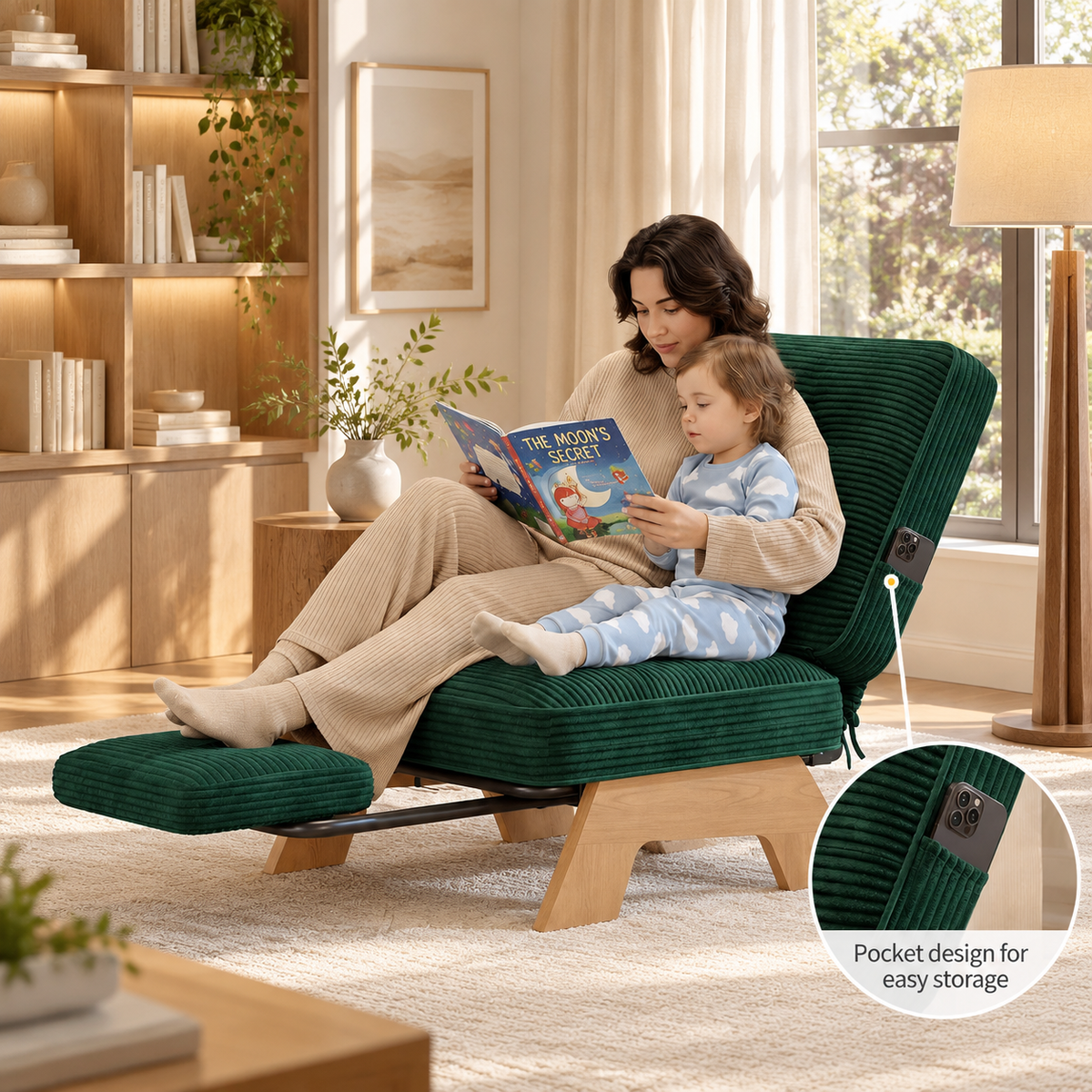 Parent and child reading in corduroy lounge chair with side pocket for a phone