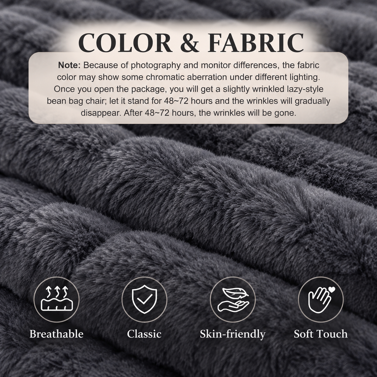Close-up of dark grey quilted faux fur fabric: breathable, skin-friendly and soft
