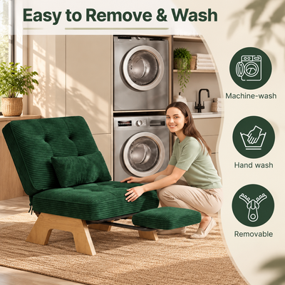 Removable, washable corduroy cover on the lounge chair