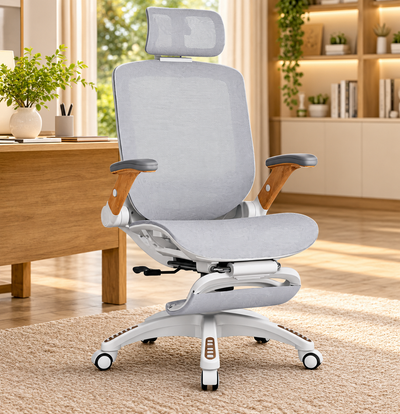 Mesh Ergonomic Office Chair with Pull-Out Footrest, 3D Headrest and Flip-Up Wood-Grain Arms, 300 lb Capacity