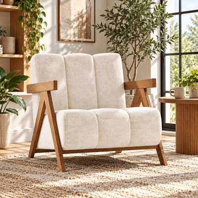 Cream chenille channel-tufted reading chair with natural wood A-frame in a living room