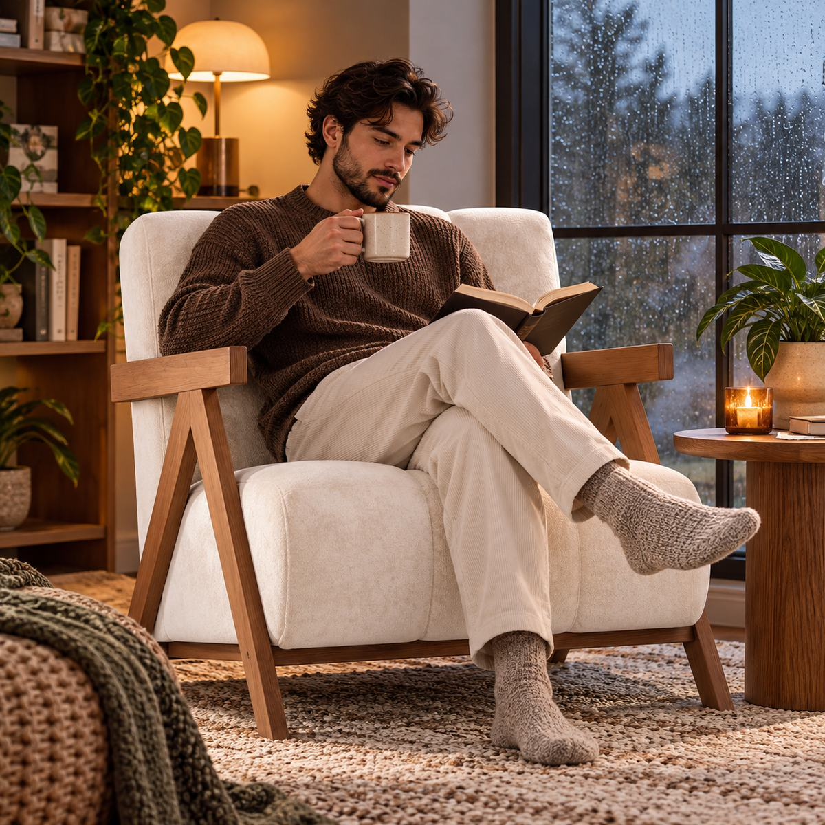 Man reading with a mug in the cream chenille wood frame armchair