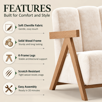 Features: soft chenille fabric, solid wood frame, A-frame legs, scratch resistant weave and easy assembly