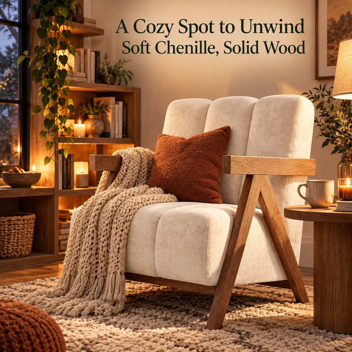 Cozy chenille reading chair with a throw blanket and pillow in a warmly lit room