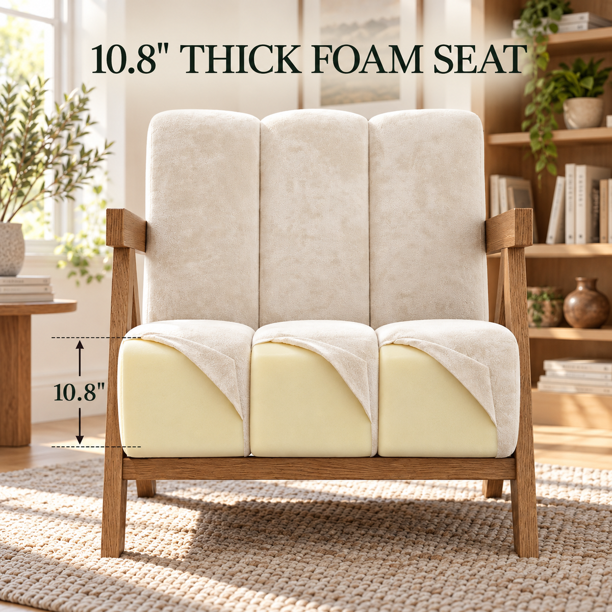 Cutaway showing the 10.8 inch thick foam seat of the chenille armchair