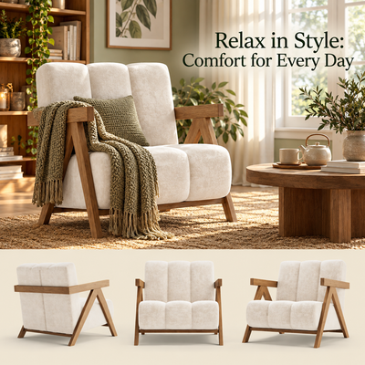 Chenille wood frame chair in a living room with front, side and angled views