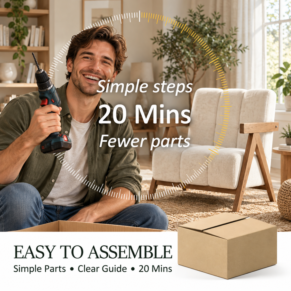 Man assembling the chenille chair with a drill in about 20 minutes