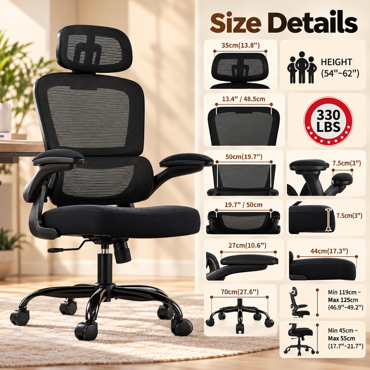 Compact ergonomic chair size details graphic with 330 lb capacity and 54 to 62 inch user height