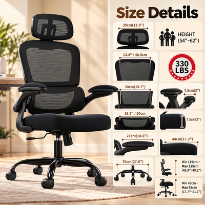 Compact ergonomic chair size details graphic with 330 lb capacity and 54 to 62 inch user height