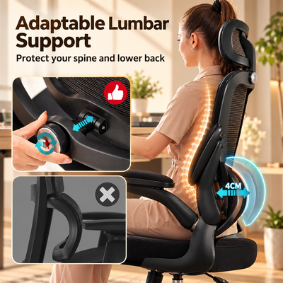 Adjustable lumbar support knob with 4 cm depth range on a black mesh chair