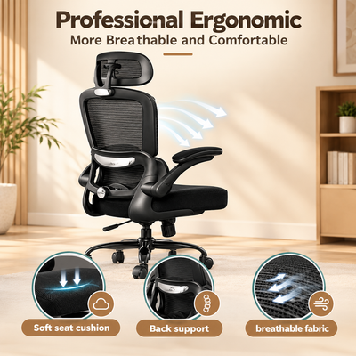 Black mesh ergonomic chair with soft seat cushion, back support, and breathable fabric
